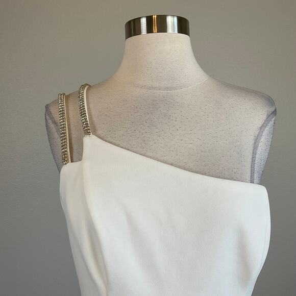 One Shoulder Beaded Mini Sheath Cocktail Dress White Size 10 Side Slit by AQUA - Picture 7 of 14